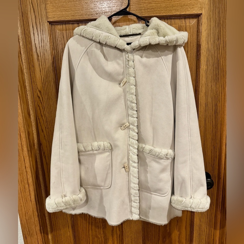 Jones New York Faux Suede & Shearling Hooded Toggle Front Coat.